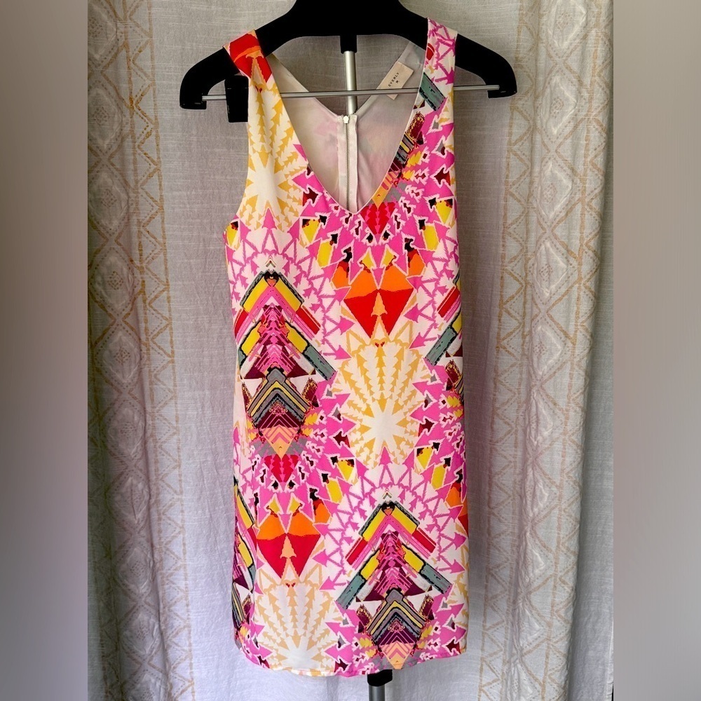 Everly Mini Dress Women's Medium Pink Colorful Print Lined V-Neck Sleeveless
